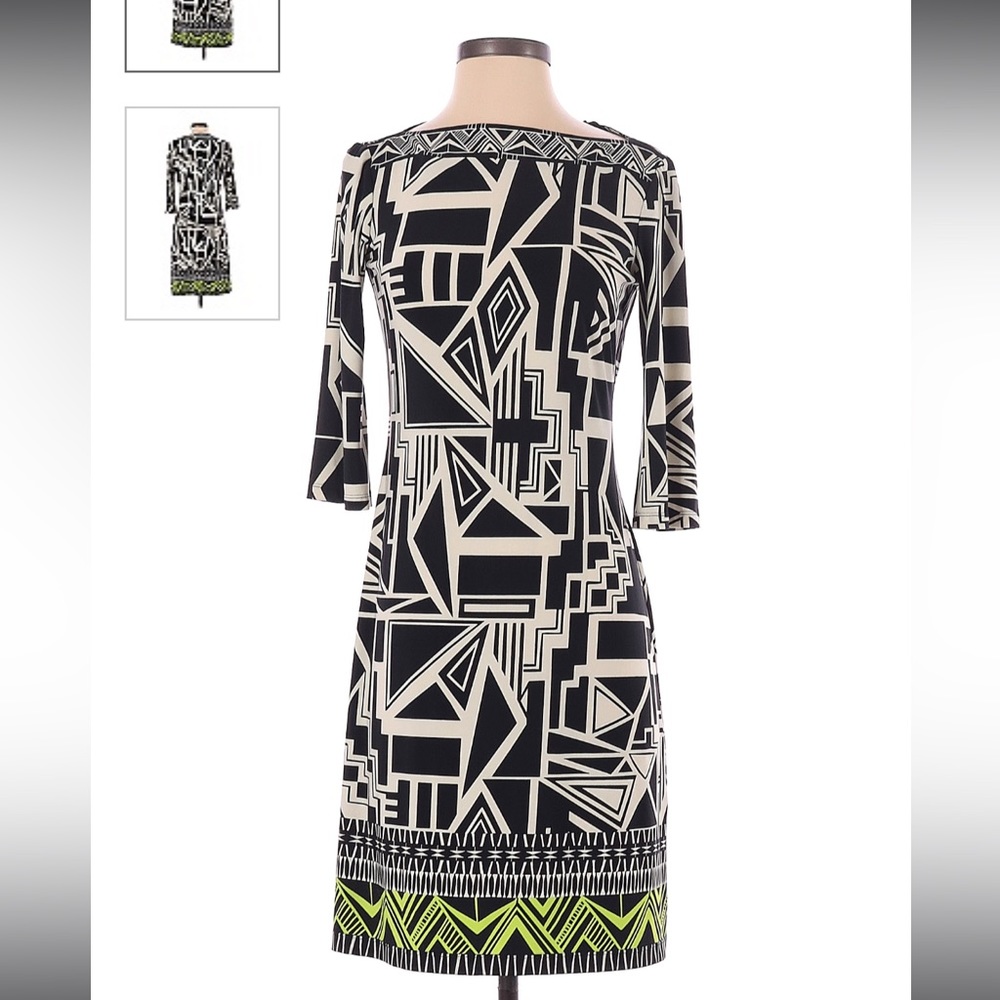 Donna Morgan long-sleeve black & white geometric pattern dress.
